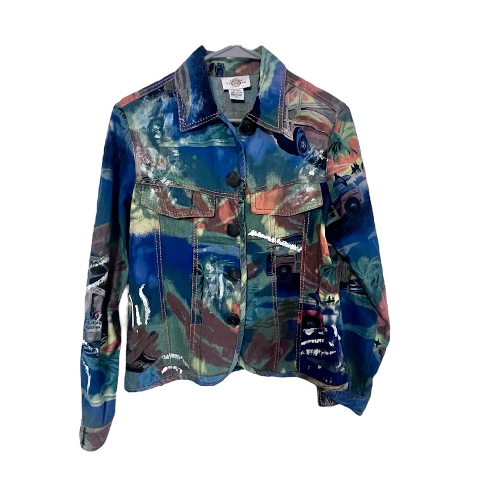 Sandy Stark Multicolor Denim Jacket‎ Beach Surfer Scene Button Front Women’s S